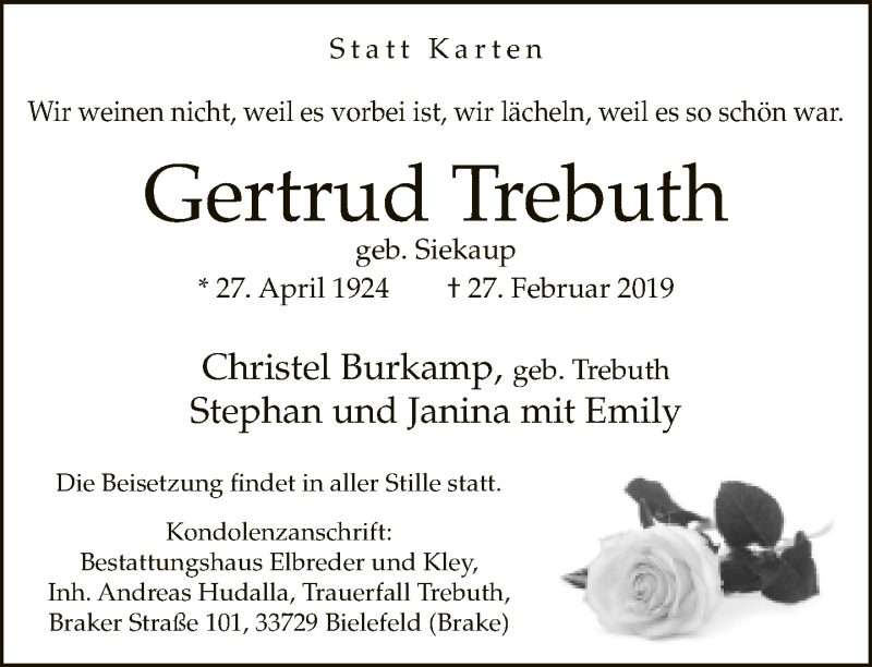  Traueranzeige für Gertrud Trebuth vom 09.03.2019 aus Neue Westfälische