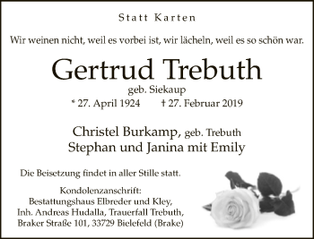 Traueranzeige von Gertrud Trebuth von Neue Westfälische