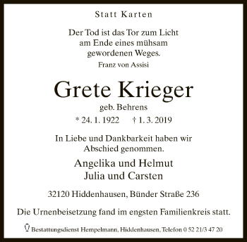 Traueranzeige von Grete Krieger von Neue Westfälische