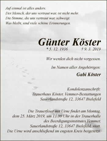 Traueranzeige von Günter Köster von Neue Westfälische