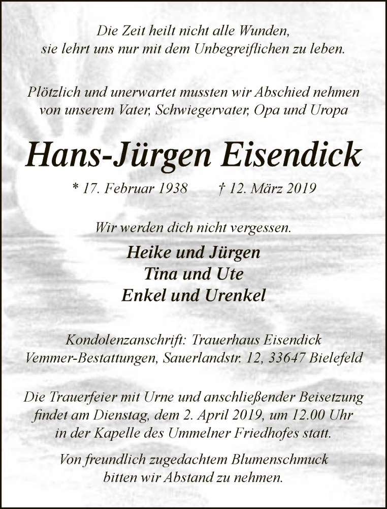  Traueranzeige für Hans-Jürgen Eisendick vom 23.03.2019 aus Neue Westfälische