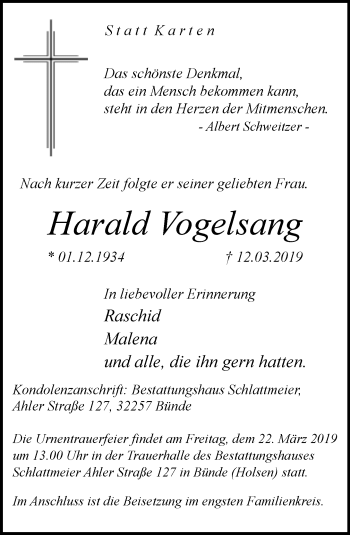 Traueranzeige von Harald Vogelsang von Neue Westfälische
