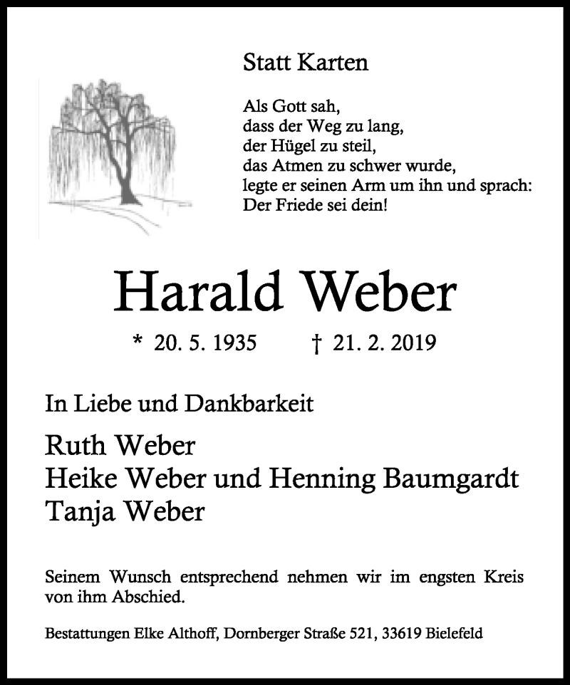  Traueranzeige für Harald Weber vom 02.03.2019 aus Neue Westfälische