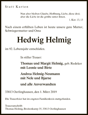 Traueranzeige von Hedwig Helmig von Neue Westfälische