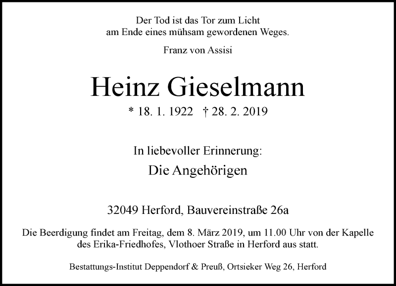  Traueranzeige für Heinz Gieselmann vom 02.03.2019 aus Neue Westfälische