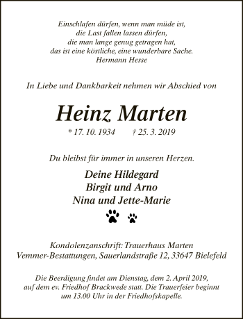 Traueranzeige von Heinz Marten von Neue Westfälische