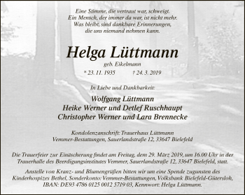 Traueranzeige von Helga Lüttmann von Neue Westfälische