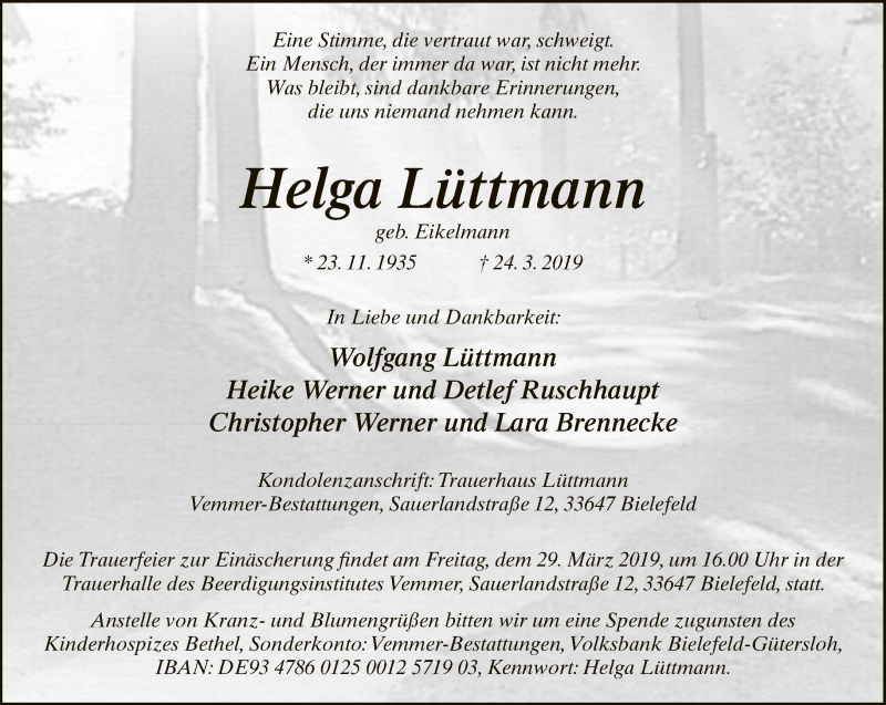  Traueranzeige für Helga Lüttmann vom 27.03.2019 aus Neue Westfälische
