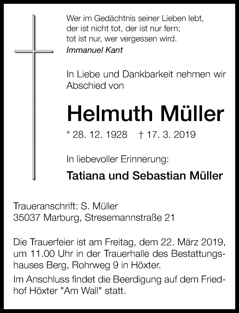  Traueranzeige für Helmuth Müller vom 19.03.2019 aus Neue Westfälische