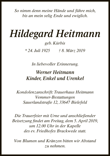 Traueranzeige von Hildegard Heitmann von Neue Westfälische