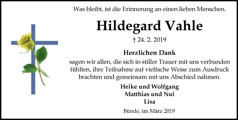  Traueranzeige für Hildegard Vahle vom 23.03.2019 aus Neue Westfälische