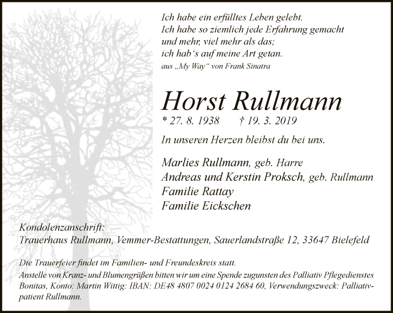  Traueranzeige für Horst Rullmann vom 23.03.2019 aus Neue Westfälische