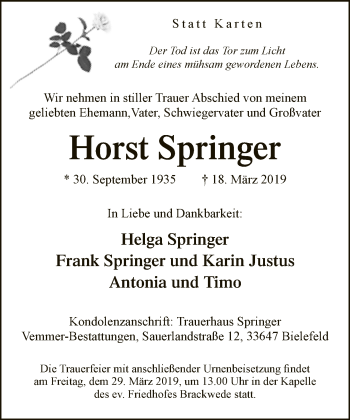 Traueranzeige von Horst Springer von Neue Westfälische