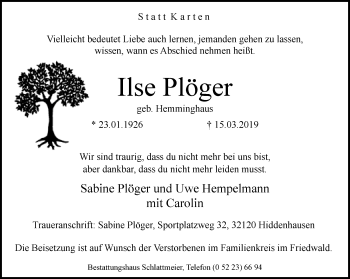 Traueranzeige von Ilse Plöger von Neue Westfälische