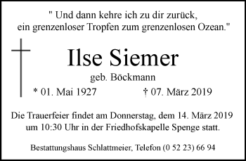 Traueranzeige von Ilse Siemer von Neue Westfälische