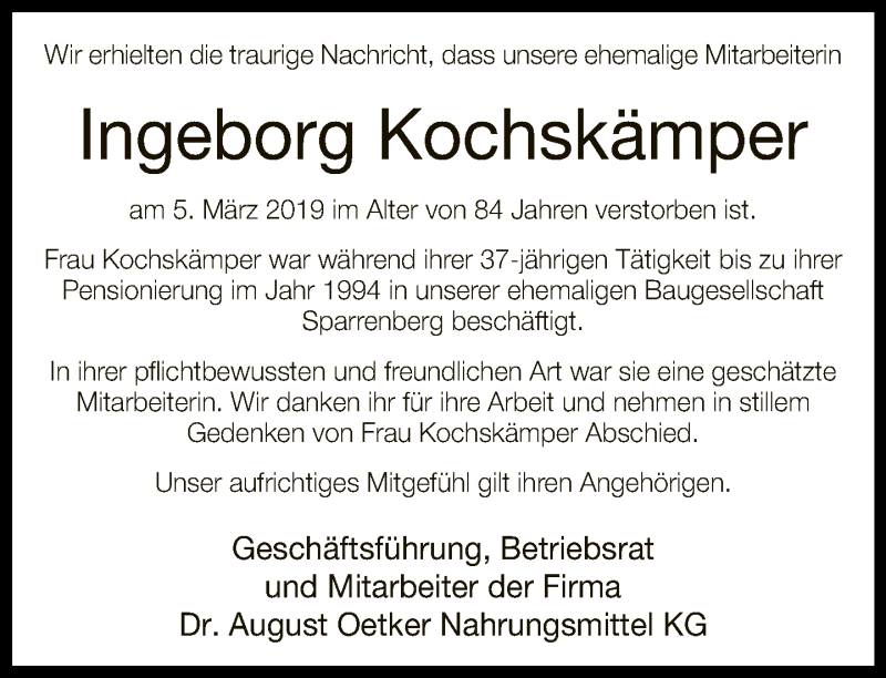  Traueranzeige für Ingeborg Kochskämper vom 14.03.2019 aus Neue Westfälische