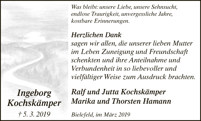  Traueranzeige für Ingeborg Kochskämper vom 30.03.2019 aus Neue Westfälische