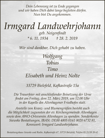 Traueranzeige von Irmgard Landwehrjohann