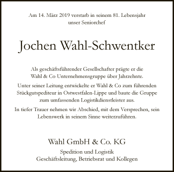 Traueranzeige von Jochen Wahl-Schwentker von Neue Westfälische