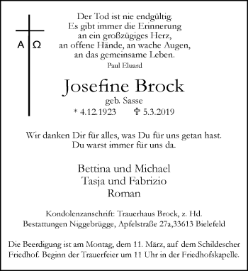 Traueranzeige von Josefine Brock von Neue Westfälische