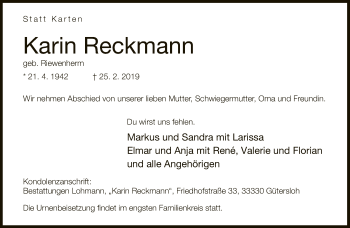 Traueranzeige von Karin Reckmann von Neue Westfälische
