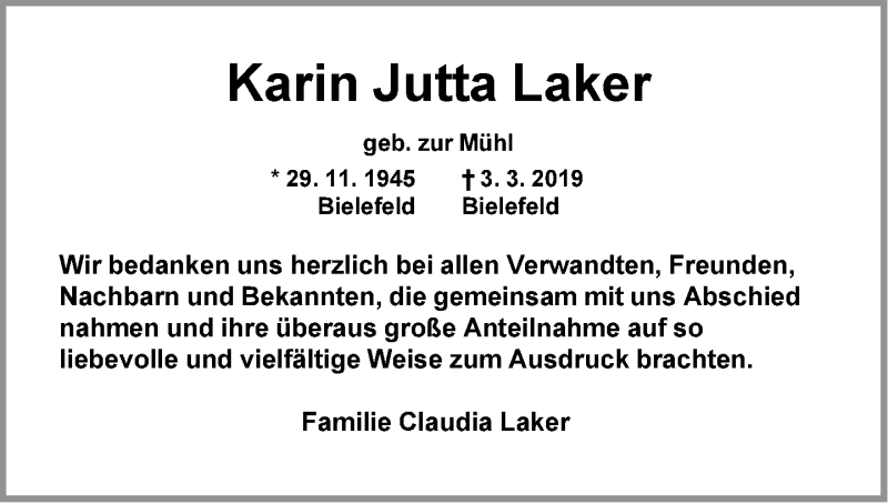  Traueranzeige für Karin Jutta Laker vom 23.03.2019 aus Neue Westfälische