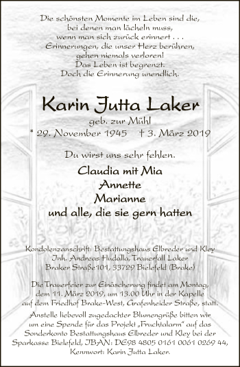 Traueranzeige von Karin Jutta Laker von Neue Westfälische