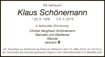 Traueranzeige von Klaus Schönemann von Neue Westfälische