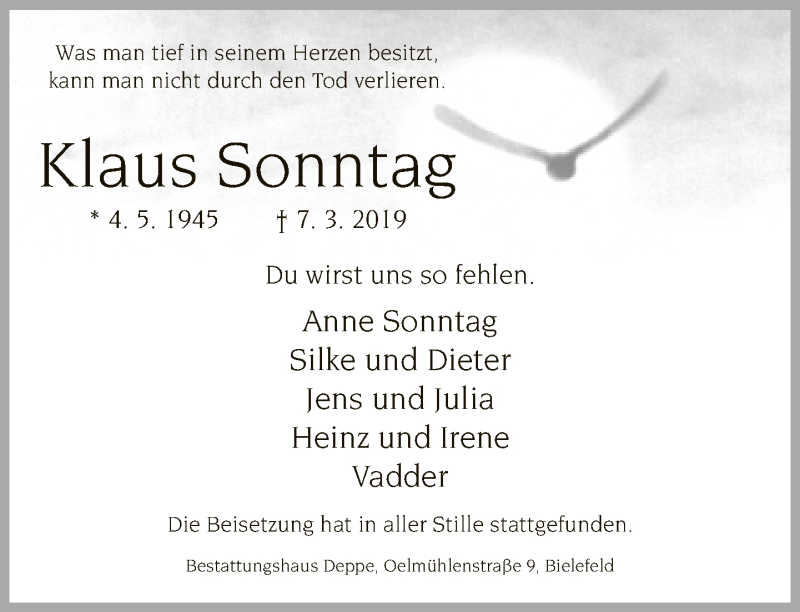  Traueranzeige für Klaus Sonntag vom 16.03.2019 aus Neue Westfälische