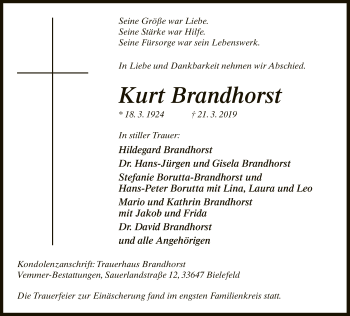 Traueranzeige von Kurt Brandhorst von Neue Westfälische