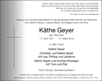 Traueranzeige von Käthe Geyer von Neue Westfälische