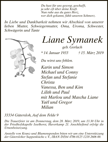 Traueranzeige von Liane Symanek von Neue Westfälische