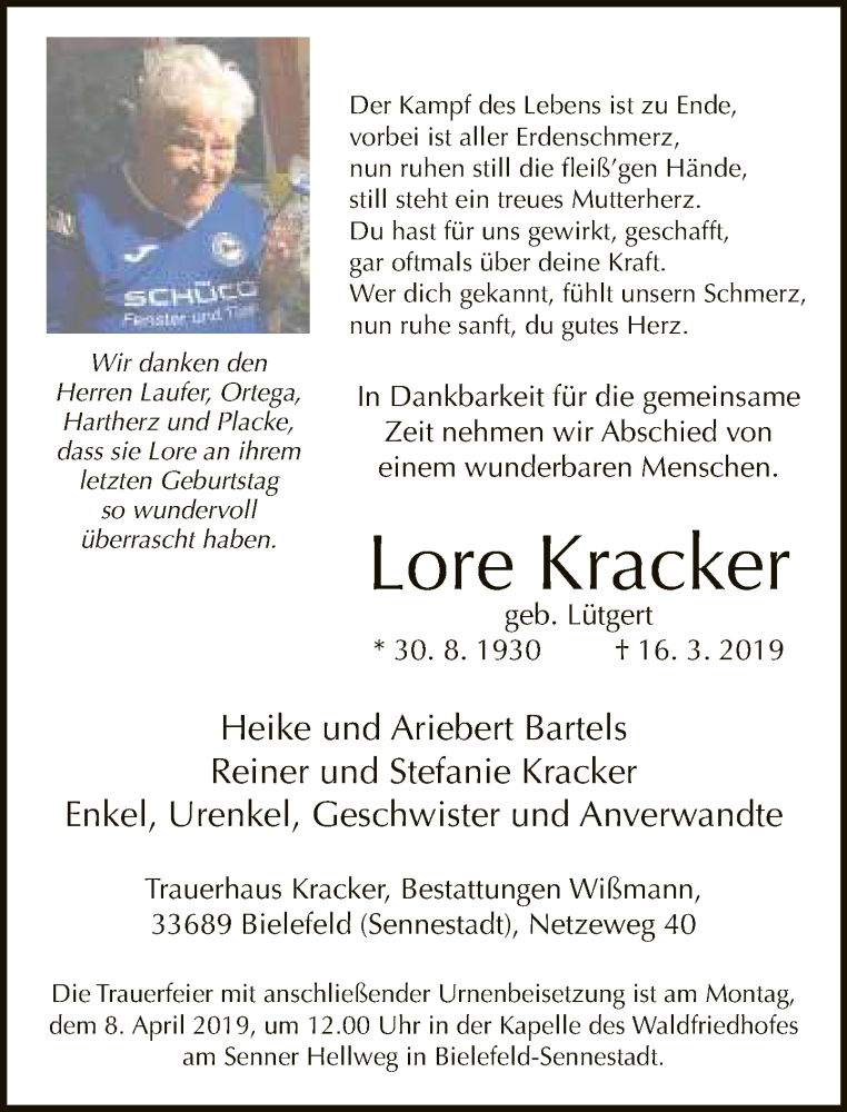 Traueranzeige für Lore Kracker vom 23.03.2019 aus Neue Westfälische