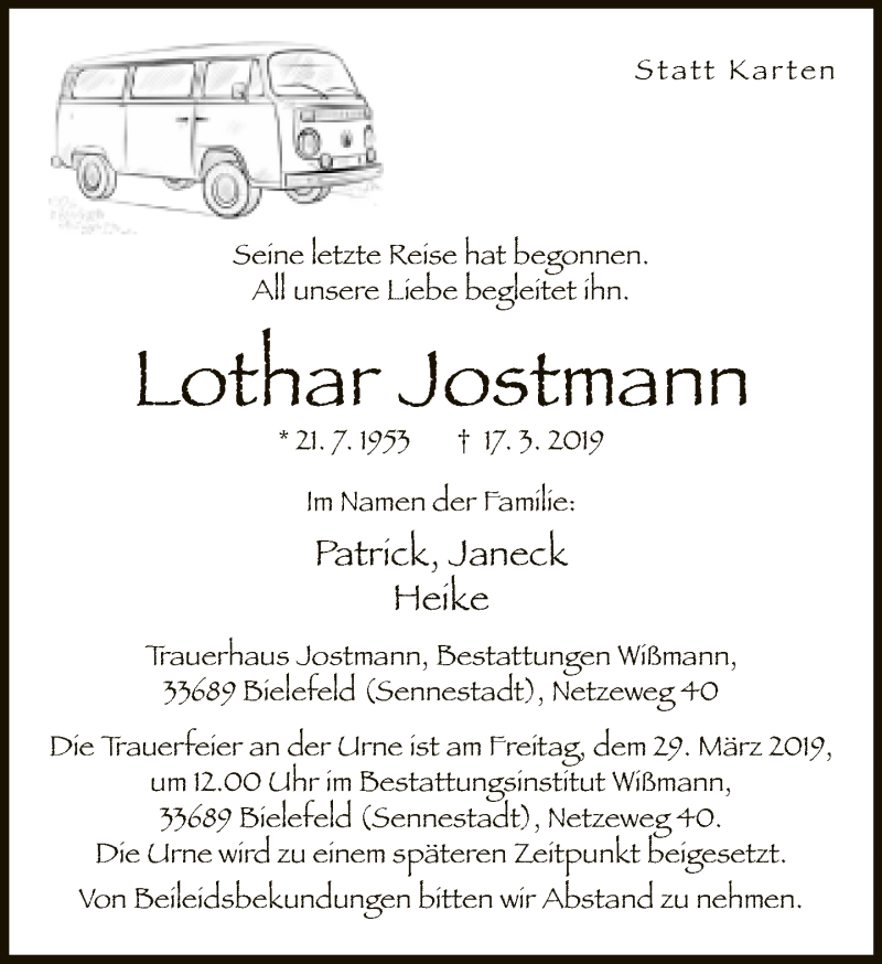  Traueranzeige für Lothar Jostmann vom 23.03.2019 aus Neue Westfälische