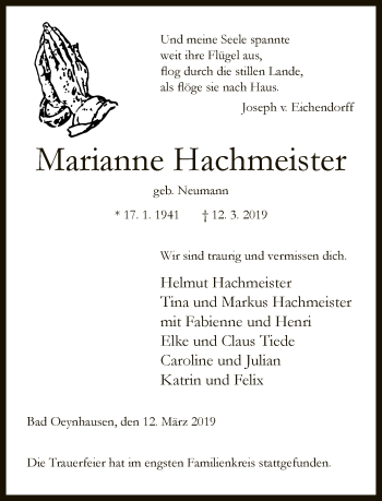 Traueranzeige von Marianne Hachmeister von Neue Westfälische
