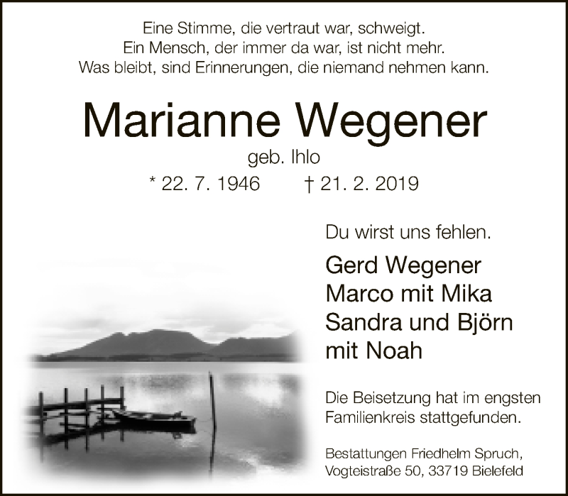  Traueranzeige für Marianne Wegener vom 02.03.2019 aus Neue Westfälische