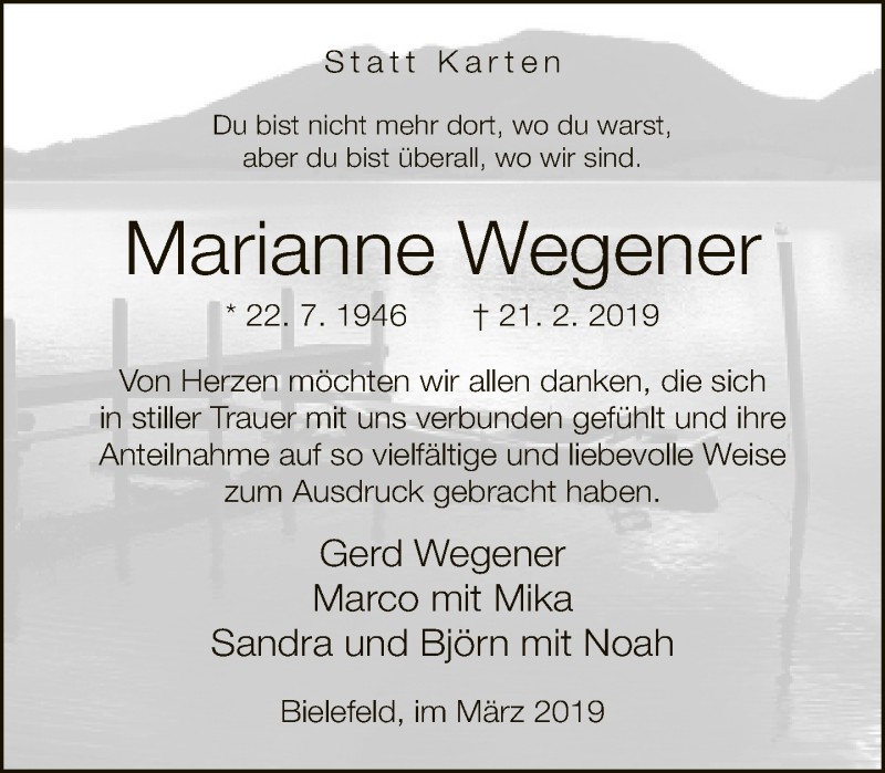  Traueranzeige für Marianne Wegener vom 30.03.2019 aus Neue Westfälische