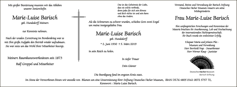  Traueranzeige für Marie-Luise Barisch vom 16.03.2019 aus Neue Westfälische
