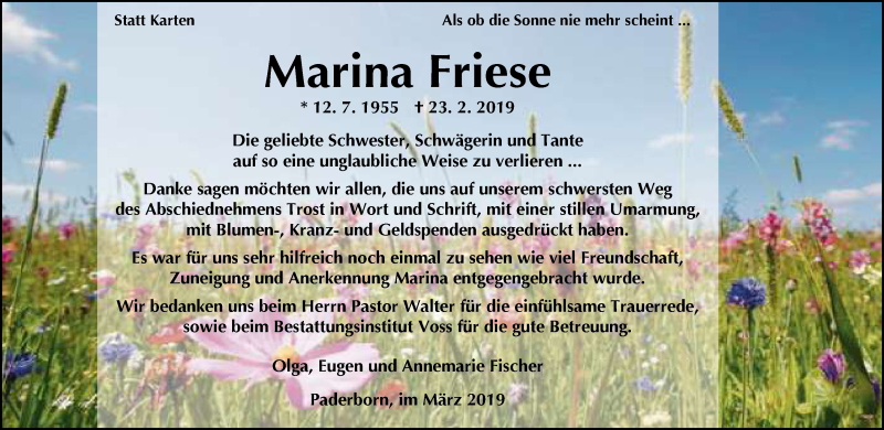  Traueranzeige für Marina Friese vom 16.03.2019 aus Neue Westfälische