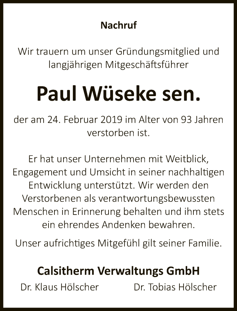  Traueranzeige für Paul Wüseke vom 02.03.2019 aus Neue Westfälische