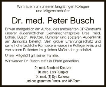 Traueranzeige von Peter Busch von Neue Westfälische