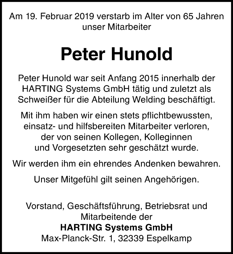  Traueranzeige für Peter Hunold vom 22.03.2019 aus Neue Westfälische