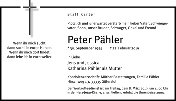 Traueranzeige von Peter Pähler von Neue Westfälische