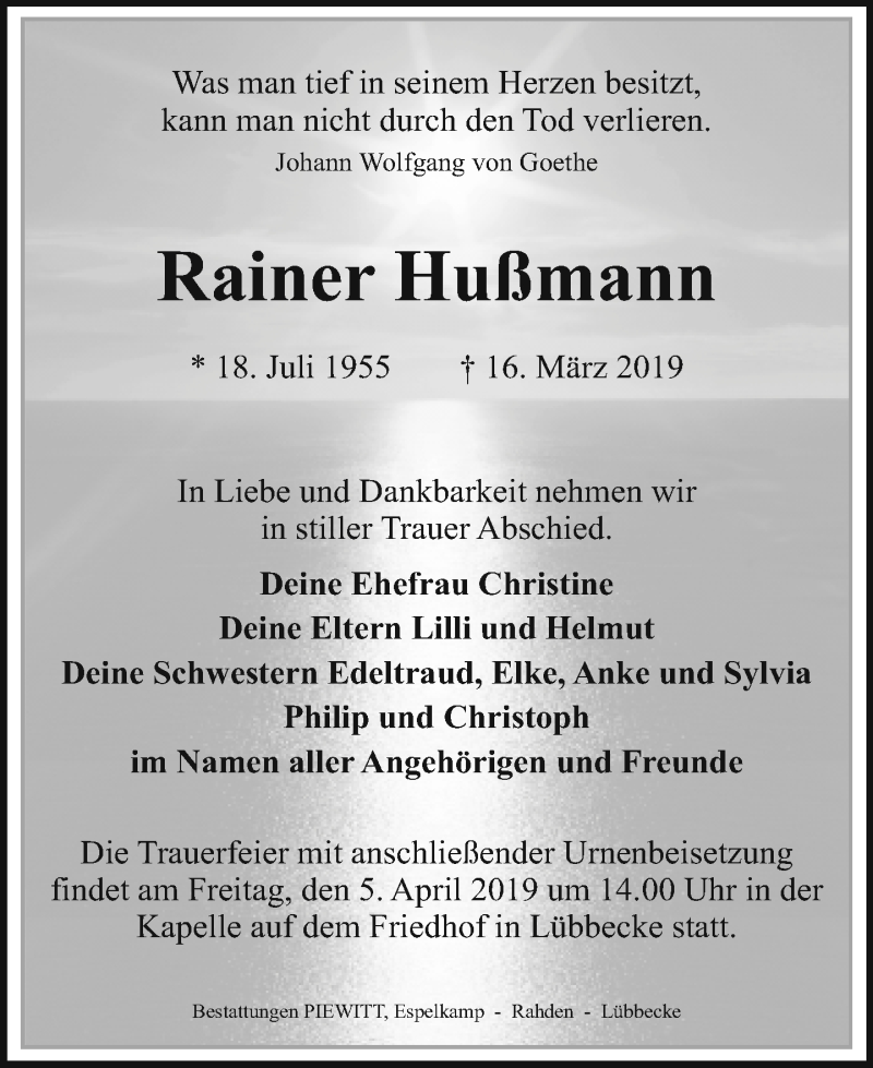  Traueranzeige für Rainer Hußmann vom 23.03.2019 aus Neue Westfälische