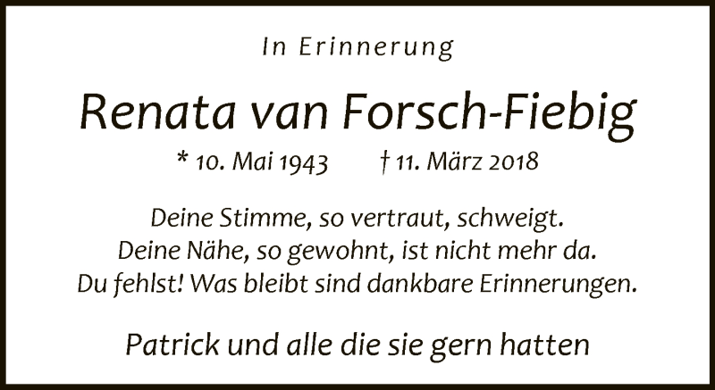  Traueranzeige für Renata van Forsch-Fiebig vom 11.03.2019 aus Neue Westfälische