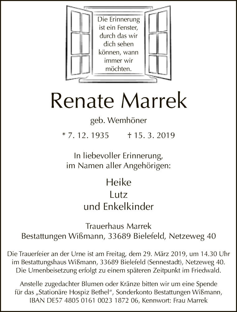  Traueranzeige für Renate Marrek vom 23.03.2019 aus Neue Westfälische