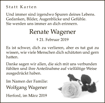 Traueranzeige von Renate Wagener von Neue Westfälische