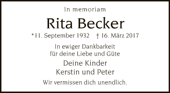 Traueranzeige von Rita Becker von Neue Westfälische