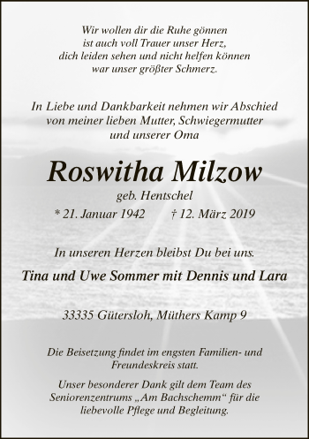 Traueranzeige von Roswitha Milzow von Neue Westfälische