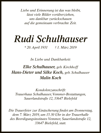 Traueranzeige von Rudi Schulhauser von Neue Westfälische
